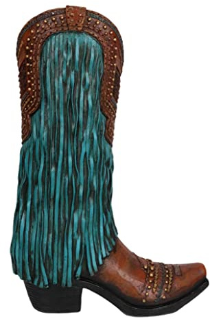 Ebros Gift Rustic Western Country Brown Faux Tooled Leather Cowgirl Or Cowboy Boot with Turquoise Frill Fringe and Studs Decorative Bouquet Vase Or Planter Figurine Southwestern Centerpiece Accent