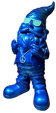 SEWAS Gartenzwerg, Rocker mit Peace Kette in hellblau, Blau-Türkis Edition, Blau mit Glitzereffekt, handbemalt und wetterfest aus hochwertigem Kunstharz, Dekofigur