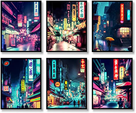 QQQDADA Juego de 6 pósteres japoneses de neón japonés, ilustración abstracta, decoración de pared, calles nocturnas de Tokio, pintura artística en lienzo para sala de estar, dormitorio, arte de pared