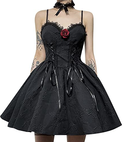 FEOYA Damen Kostüm Halloween Tüllkleid Kleid Gothic Minikleid für Frauen Dress Sexy Cocktailkleid Costume Vampir Partykleid Erwachsene Kleider Korsett Mittelalter Kostüme Hexe Corset 11 Schwarz L
