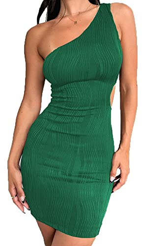 QKEPCY Damklänning, Sexig Sommarklänning Kvinna, Mjuk One Shoulder Klänning Med Ribbstickad Klänning Kvinnor Mini Club Klänning Ceremoni Klänningar Elegant Vintage Klänning För Cocktail Party, 34 SE/S, S-L