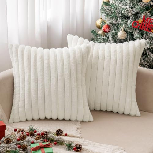 MIULEE Plüsch Kissenbezug 50x50 Weihnachten Deko Flauschige Kissenbezüge Kunstpelz Fell Sofakissen Flauschig Dekokissen Kissenhülle für Wohnzimmer Schlafzimmer Sofa Kuschelkissen Weiß 2er Set