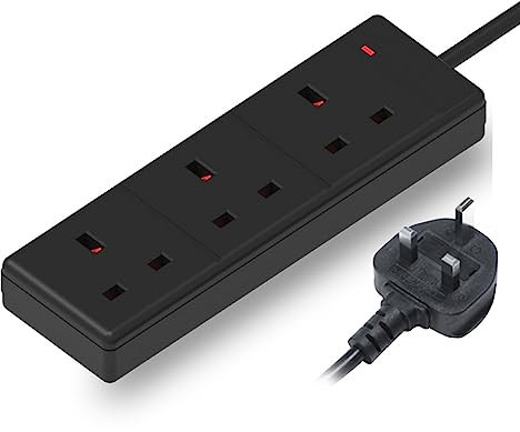 1M 3 Gang Socket Extension Lead UK Pin Plug and Cable Black Multi Socket Mains Strip