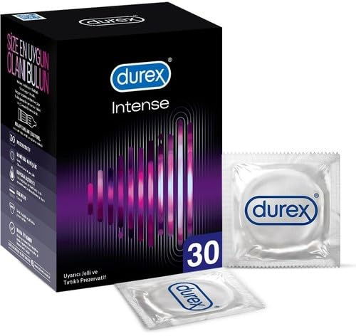 DUREX Intense Kondome – Perfekter Sitz & leichtes Abrollen - mit Noppen, Rippen & mit Desirex-Gel befeuchtet – angenehmes Minzaroma – 30er Pack (1 x 30 Stück)