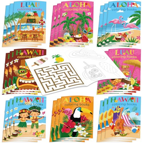 Faccito 24 Stück Sommer Malbücher für Kinder Hawaiianische Luau Malbuch Hawaii Ozean Strand Obst Hula Party Flamingo Mini DIY Kunst Zeichenbuch für Kinder Geburtstag Klassenzimmer Heim Partyzubehör