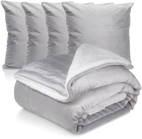 Cozyor Spar-Set: 1x Kuscheldecke XL + 4X Kissenbezug Samt+ 4X Kissen 45x45cm Sherpadecke flauschig 150x200cm, Tagesdecke hellgrau Moonlight, Dekokissen für Sofa, Schlafzimmer, Wohnzimmer