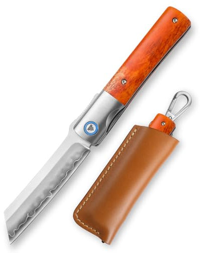 TRIVISA Japanisches Taschenmesser-faltendes EDC Klappmesser, Griff aus Kuhknochen und Titan, 9CM Satin Klinge,SKD11 Stahl, Lederscheide. Kira-02O