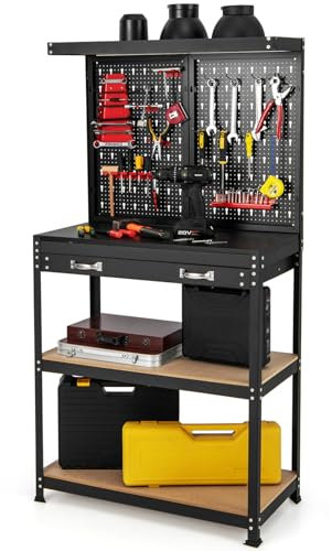 COSTWAY Workbench with Pegboard, Metal Garage Work Bench with 13 Hanging Accessories & Drawer, Heavy Duty Tool Storage Workstation Unit for Workshop Warehouse, 81x41x156cm, 290kg Capacity (Red+Black)