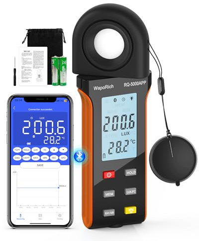 Luxmeter Bluetooth Lichtmessgerät, WapoRich Digital Light Meter Belichtungsmesser Misst 1~400,000Lux/FC mit Umgebungstemperatur Hintergrundbeleuchtung für Fotografie, Pflanzen (RQ-5000APP)