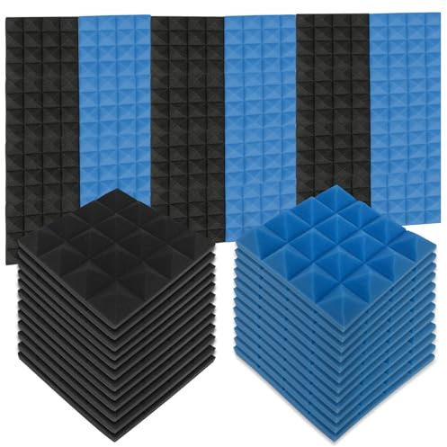 24 Pack Set Acoustic Panels, 25 x 25 x 5cm Noise Absorption Acoustic Foam Panels, 5cm Thickness High Density Sound Proofing Panels for Studio, Cinema (12 Black+12 Blue)