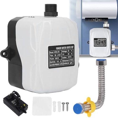 Pompa Booster Pressione, 180W DC 24V DN15 1/2 Pompa Booster Automatica a Basso Rumore IP56 Pompa ad Alta Pressione Impermeabile per Lavello Cucina Doccia Rubinetto da Giardino, Spina EU