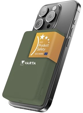 VARTA Power Bank 5000 mAh, Mag Pro, magnetisch, kabellos, Farbe Olivgrün | Power on Demand, Wireless Charging für MagSafe und Qi, Ladegerät mit USB Typ C, kompatibel mit iPhones und Android