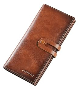 PORRASSO Wallet Men's RFID Blocking Wallet Genuine Leather Card Holder Long Wallet with 12 Card Slots Brown