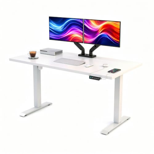 POKAR Höhenverstellbarer Schreibtisch Elektrisch 140x80 cm | Massive 25mm Platte | Memory-Panel mit USB-C und USB-A | Steh-Sitz-Tisch für Home Office | Gestell Weiß, Platte Weiß