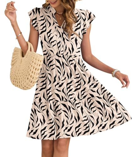 AUSELILY Damen Sommerkleid V-Ausschnitt Aprikosen Schwarzes Blatt S