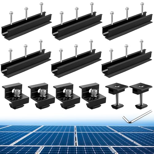 Anbte Solarmodul Halterung 6pcs Montageschiene 200mm, 4pcs Endklemme + 2pcs Mittelklemme für Modulhöhe 30MM/35MM + 18pcs Schrauben + Gummipads, Solarpanel Flachdach Befestigung Set Schwarz