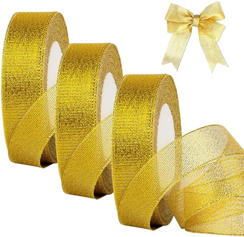 YUDANSI 3PC Deko Band Für Geschenkverpackung, 2.0 cm x 69 meters Breit Geschenkband, Gold Schleifenband Für Weihnachten Hochzeit Taufe Geburtstag Neujahr, Geschenkbänder Für Heimwerkerkunst Handwerk