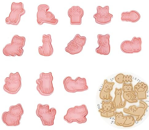16Pcs Cat Cookie Cutters Baking Moulds Set Cute Cat Paw Cookie Cutters Form for Treats Embossed Cartoon Cookie Cat Shapes Biscuit Cutters Supplies for DIY Holiday Party Cat Snacks and Baking