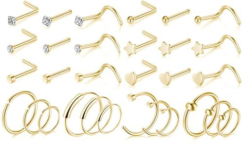 LOCCY 21-30 Stück 20G Nasenpiercing, 316L Edelstahl Nasenring Nasenstecker Silber/Gold Screw/Straight/L-Form Nasenpiercing mit Zirkonia Nostril Piercing Schmuck für Frauen Männer