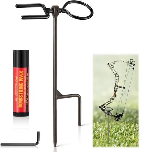 HappyAlley 1 Pack High Performance Portable Archer's Ground Bow Stake with Bowstring Wax, Durable and Versatile, Includes 360° Rotating Fork and Arrow Ring