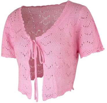 LIUYUYOUGO Femme Cardigan Léger Cardigan Boléro À Manches Courtes en Tricot Crocheté pour Femme Haut À Col en V Noué sur Le Devant Pull Léger Haut Court en Crochet Cache-Maillot De Plage Déc