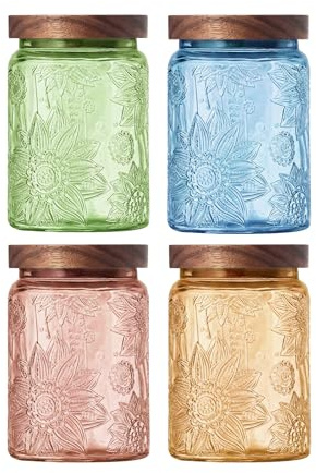 Glass Jar with Wooden Lid - 700 ML Christmas Set Airtight Storage Canisters for Kitchen Pantry Bathroom, Decorative Retro Containers for Candy, Biscuit, Cookie, Sweet, Tea, Coffee, Sugar, Sunflower