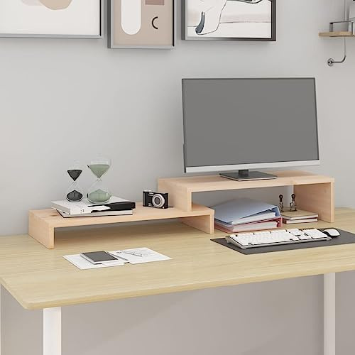 Monitorständer für bis zu 2 Geräte, Bildschirmerhöhung für Laptop, Computer, Notebook, iMac, PC, Schreibtischaufsatz mit Stauraum für Haushalt und Büro, (52-101)x22x14 cm Massivholz Kiefer Natur