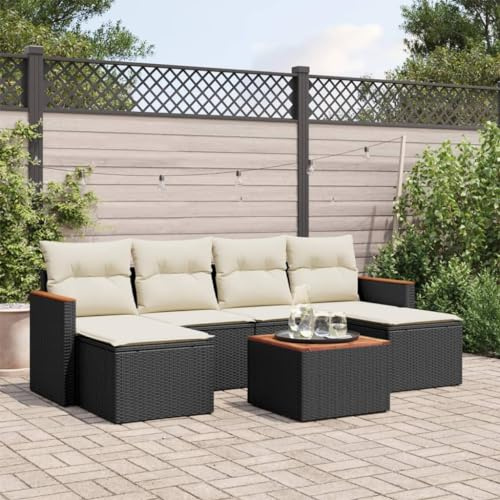 IKAYAA Sofa Exterior de Ratán, Muebles de Jardín con Función de Almacenamiento, Sofá Jardín, Conjunto Sofá Jardin Exterior de Ratán Muebles Jardín Exterior- 7 pzas Negro y Crema#10