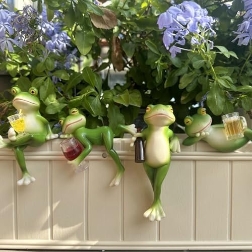 JWShang 4 Pack Tipsy Frog for Garden Decor, Resin Frogs Flower Pots Huggers | Miniature frog with wine glass drinks, happy laid back flower pot huggers for patios, gardens, shelves, yard lawn ornament