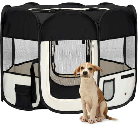 Faltbarer Welpenlaufstall mit Tragetasche, Welpenauslauf für Hunde Hasen Meerschweinchen Katzen, Bequeme Aufbewahrung, 90x90x58 cm Schwarz Polyester