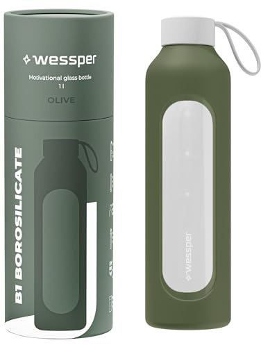 Wessper Trinkflasche aus Glas mit Silikonhülle, Borosilikatglas Flasche mit Zeitmarkierung 1 liter, Sportflasche Ideal für Fitness, Schule Sport, Kinder- Olive