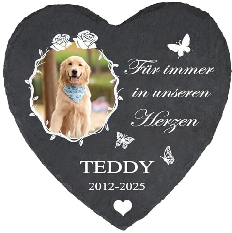MOMGEGE Personalisierter Herz Haustier Gedenkstein aus Naturschiefer mit Foto Namen – Gedenktafel für Hund oder Katze – Liebevolles Trauergeschenk bei Tierverlust (004)