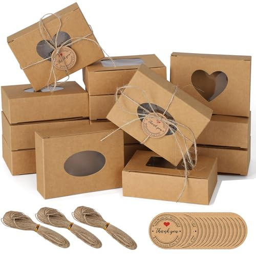 FULUDM 40 Stück Kraftpapier Box mit Sichtfenster - Geschenkbox Klein Kleine Schachteln mit Etiketten und Schnur Keksdose Weihnachten Karton für Keks, Muffins, Macarons (9x6x3cm)