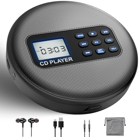 Denash Lecteur CD Portable, Lecteur de Musique Stéréo Bluetooth Rechargeable avec Haut-parleurs, Lit des Disques CD/CD-R/MP3, Utilisation en Voiture et à la Maison