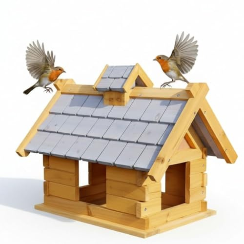 Mucola Vogelhaus XXL Vogelfutterhaus Holzschindeln 44x34x37 cm Natur Grau | Meisen, Spatzen, Rotkehlchen, Finken, grün lasiertes Echtholzdach, große offene Futterfläche, leicht zu reinigen, Outdoor