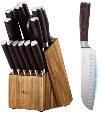 VEVOR Juego de Cuchillos de Acero Inoxidable de Alto Carbono, con Bloque de Madera y Afilador, 15 Piezas, con Mango Ergonómico, para el Hogar, Diseño con Bordes Redondeados, 131 x 195 x 345 mm