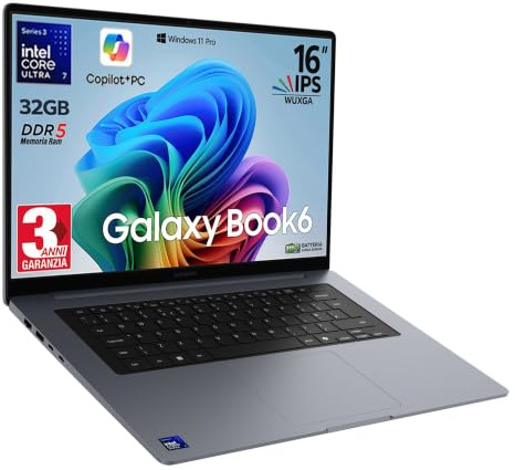Samsung Galaxy Book6 Copilot+ Laptop 32Gb, Intel Core Ultra 7 355 16 WUXGA | Ram 32GB DDR5, SSD Pci 512Gb, Tastiera retroilluminata e fingerprint, Win 11 Pro, 3 Anni di garanzia Italiana dall'acquisto