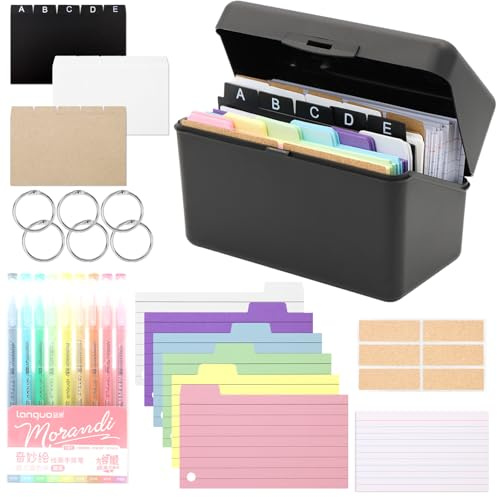Yuaerbuo Karteikarten Box Set, Lernkarteibox mit 380 Farbige Linierte Karten,15 Karteikarten, 6 Ringe, 6 Aufkleberbögen, 9 Aquarellstifte,Karteikarten Kasten für Schule und Büro