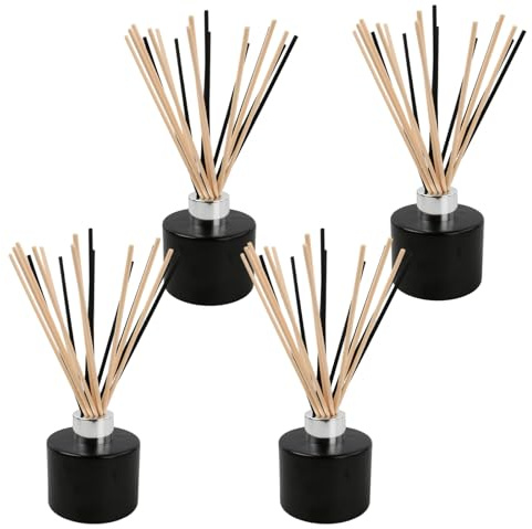 Ziyonix 4 Pcs Botella Difusora de Vidrio, 120ML Frasco Difusor de Vidrio con 100 Varillas Ambientador Difusores de Aceites Esenciales para Hogar Baño Negro (Plata)
