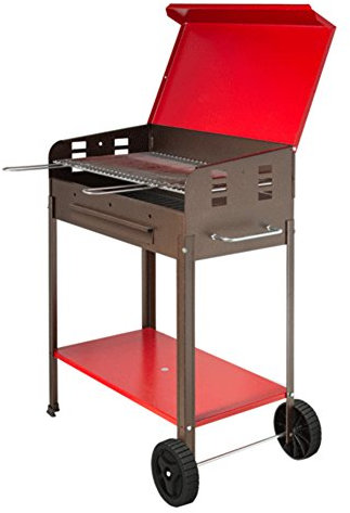 Holzkohlegrill 'Vanessa' aus lackiertem Eisen, mit seitlicher Ablagefläche, unterem Regal und Rollen. Gitter aus Stahl mit Griffen und Deckel.