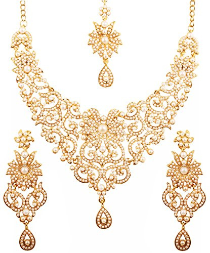 Touchstone Indian jewelry sets for women bollywood wedding bridal traditional royal look fine filigree carving faux pearls designer jewelry necklace set for women in antique gold tone