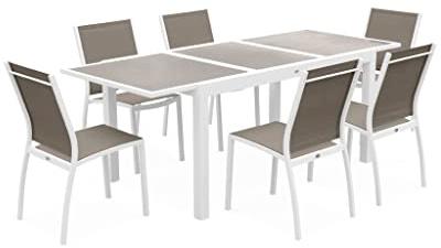 Alice's Garden - Table de Jardin Extensible Aluminium + 6 assises - Orlando Taupe - Table en Aluminium 150/210cm. Plateau de Verre. rallonge et 6 chaises en textilène
