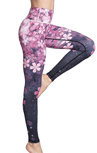FLYILY Damen High Waist Elastische Sporthose mit Bunte Blumen Design Blickdichte Sport Leggings Lange Sportleggins Yogahosen