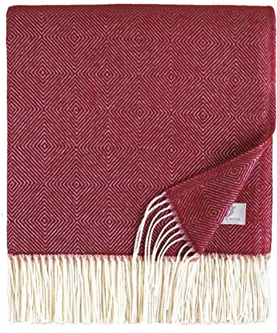 LINEN & COTTON Plaid di Lusso Classico e Senza Tempo, Coperta Morbida Leggera con Frange Diamond - 100% Lana Merinos Superfine, Bordeaux Rosso (140 x 200 cm) Per Camera da Letto Copridivano Singolo