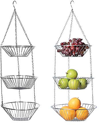 LICHENGTAI Frutero Colgante, 3 Pisos Cesto Bandejas para Colgar de Alambre, Estante de 3 Capas de Acero Inoxidable, Almacenamiento de Cocina para Frutas, Verduras, Flores, Plantas
