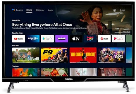 MEDION TV 24 pollici (59,8 cm) HD Smart TV (Android TV, DVB-T2 HD, DVB-C, DVB-S2, HEVC, HDR, Prime Video, PVR, Bluetooth, MD 824100)