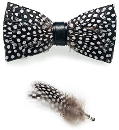 JEMYGINS Handgemacht Hochzeit Party Leder Feder Fliege Schwarz/weißer Punkt 2 Fliegen mit Geschenkbox Set für Herren In mehreren Farben(13)