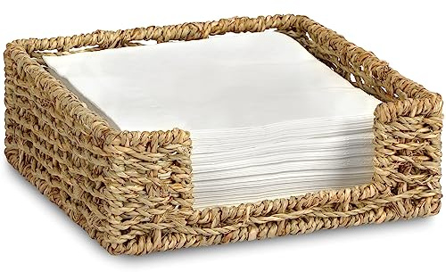 Graciadeco Ratten Napkin Holder for Table, Square Seagrass Serving Tray for Paper Napkins Kitchen Restaurant Dinner Wicker Baskets 7.8 x 7.8 x 2.8