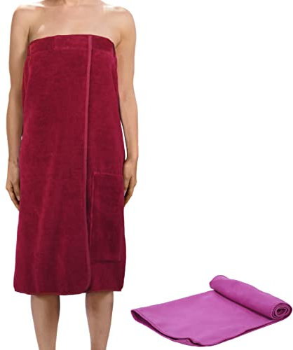 valuents Saunakilt für Damen aus Baumwolle – beerenrot – one Size Saunahandtuch mit Klettverschluss 80x130cm +Plus: Handtuch