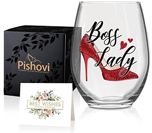 Pishovi Boss Lady Wine Glass with Gift Box, Unique Gifts for Women Boss Lady, Christmas Birthday Thank You New Job Gifts for Women Female Entrepreneur, Coworker Mom